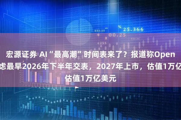 宏源证券 AI“最高潮”时间表来了？报道称OpenAI考虑最早2026年下半年交表，2027年上市，估值1万亿美元